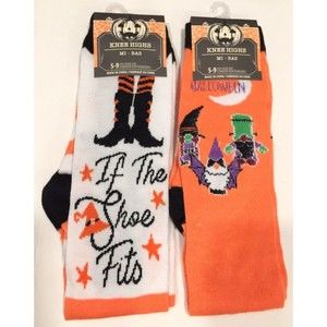 MI-Bas Women’s Knee High Socks 2 Pair Halloween Witch Shoes Nome Orange Sz 5-9